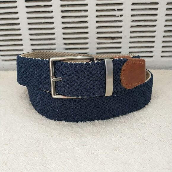 Tommy Bahama Belt Mens S/M Canvas Webbed Woven Navy Brown Leather - Picture 1 of 8